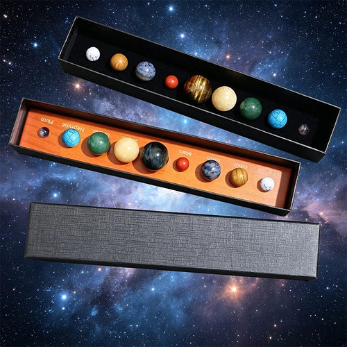 9 Planets Solar System Crystal Ball Set Natural Gemstone Spheres with Wooden Base Box - Standard