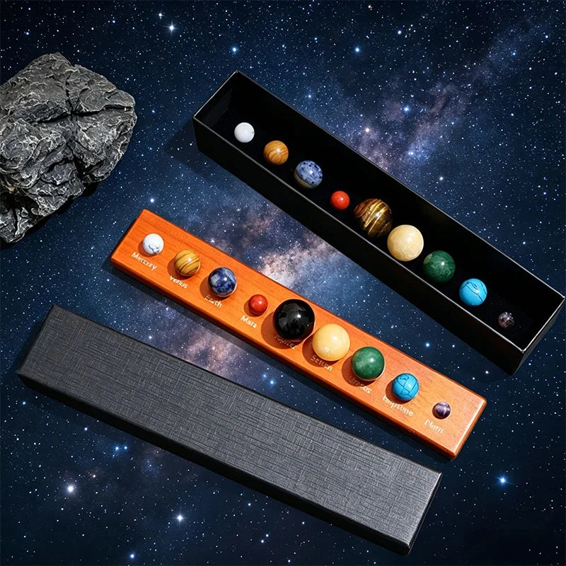 9 Planets Solar System Crystal Ball Set Natural Gemstone Spheres with Wooden Base Box