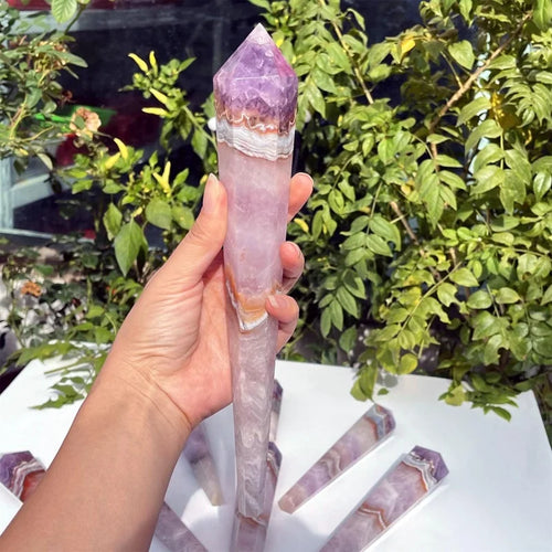 Amethyst Agate Scepter With Natural Purple Crystal Clusters Distinct Agate Banded Texture Smooth Polished Body Elegant