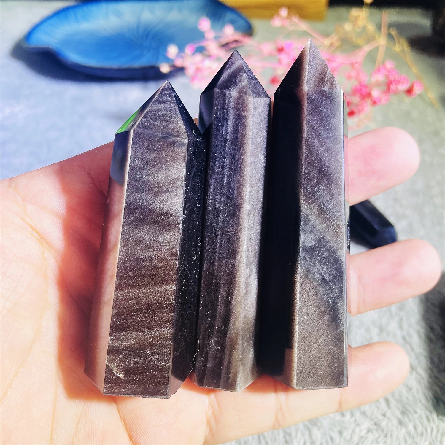 Natural Flashy Silver Sheen Obsidian Crystal Tower for Decor