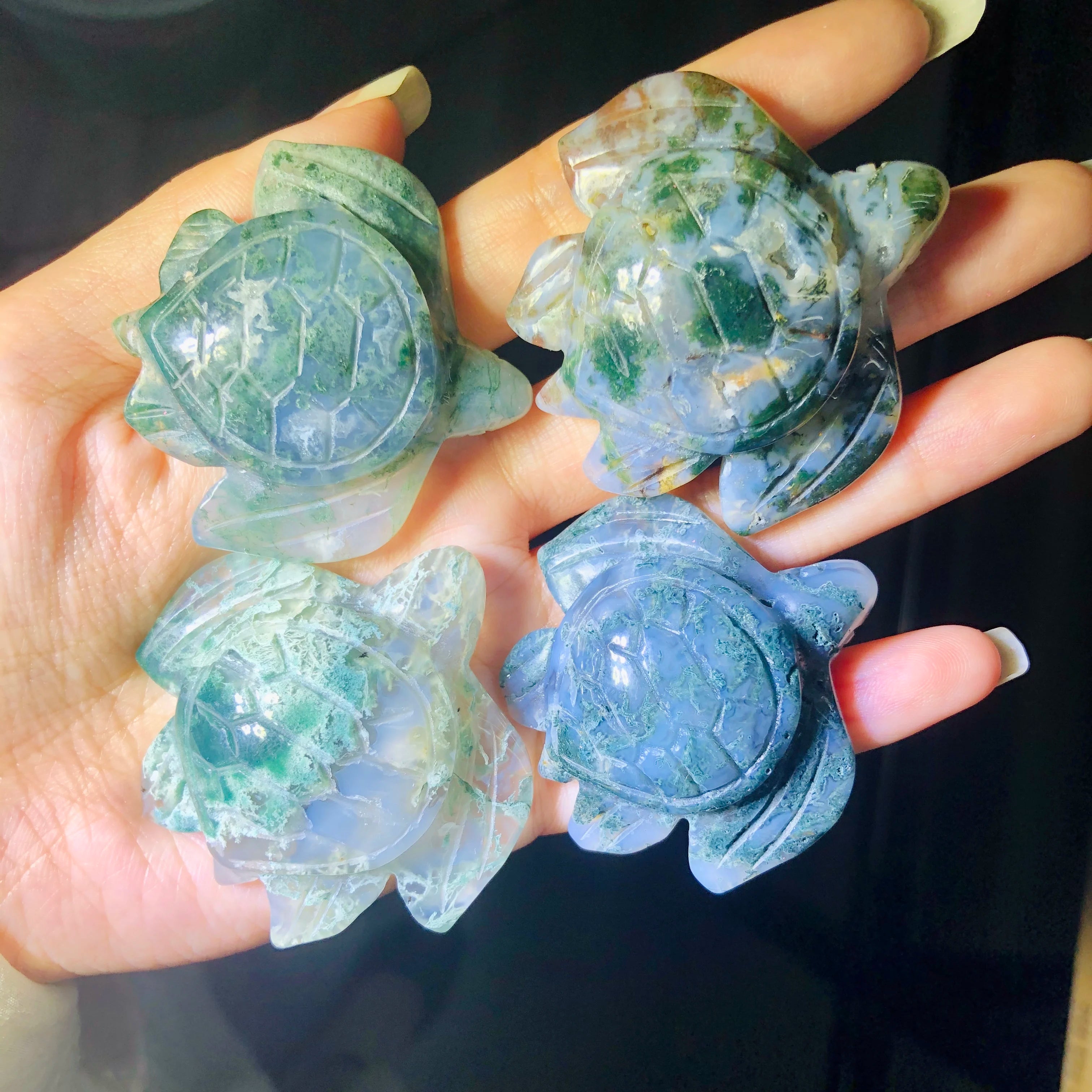 Selling Natural Polished Moss Agate Turtles Crystal Stone Carving Statue for Decoration