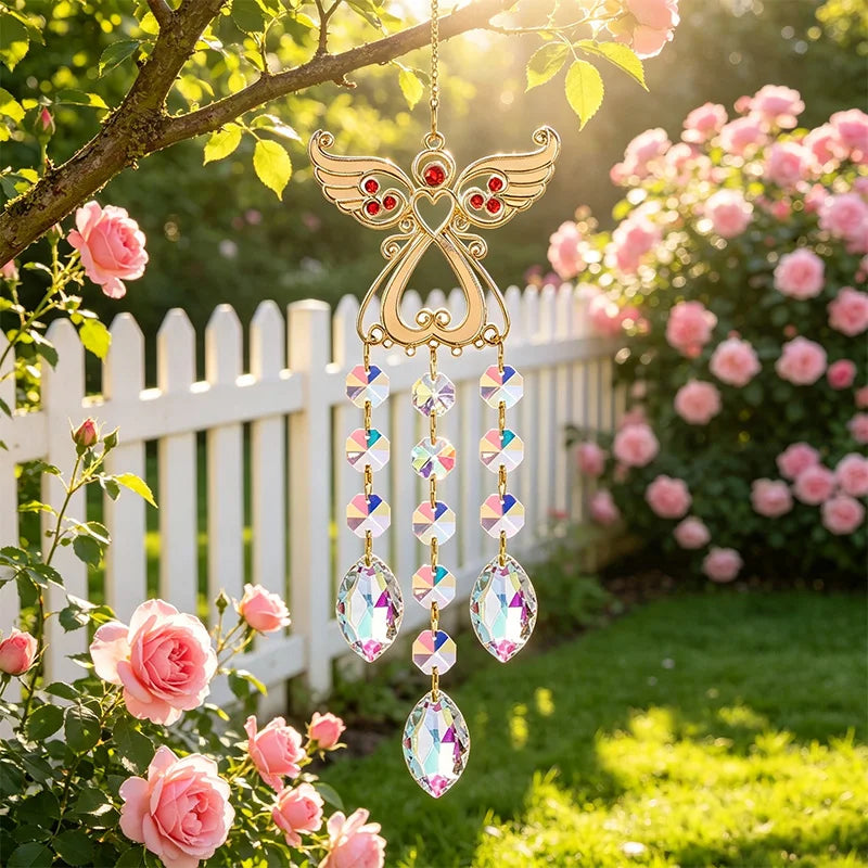 Gold Angel Crystal Suncatcher Hanging Ornament K9 Crystal Prism Rainbow Maker for Window Garden Home Decor Mem
