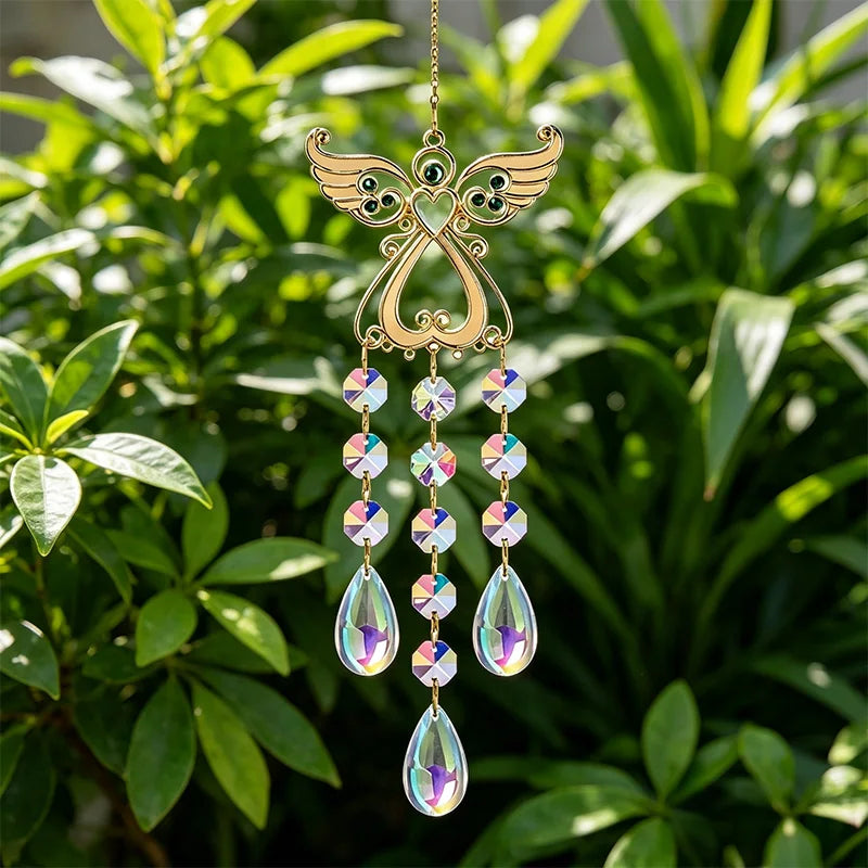 Gold Angel Crystal Suncatcher Hanging Ornament K9 Crystal Prism Rainbow Maker for Window Garden Home Decor Mem