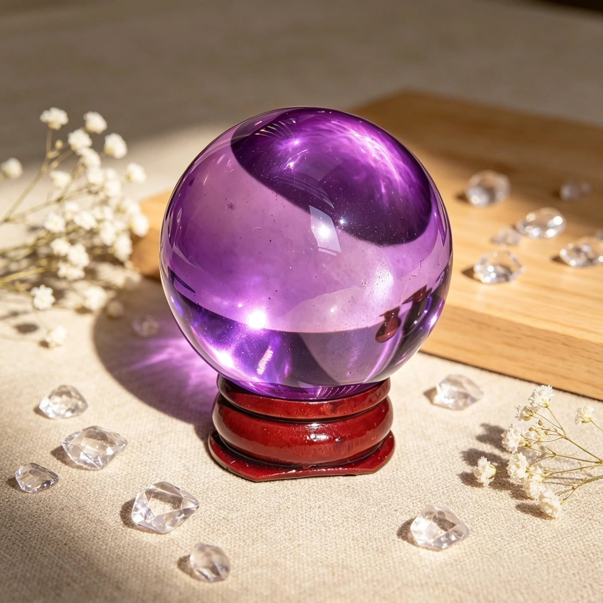 Polished glass ball, purple, on a wooden stand