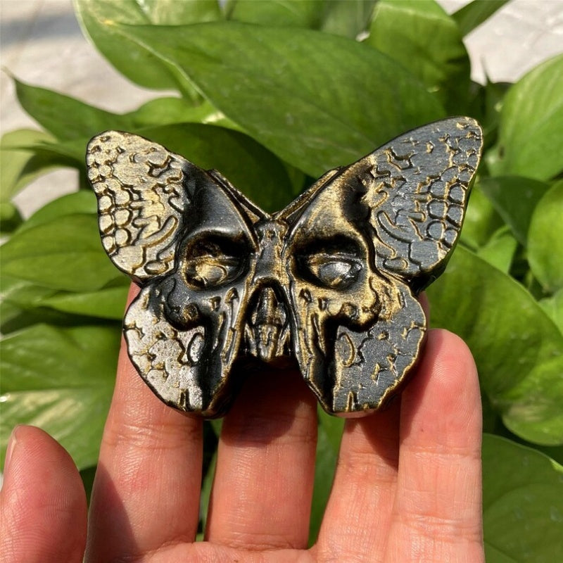Obsidian-Schmetterlings- und Dämonenkopfschnitzerei, flach – Silber- und Goldoptionen