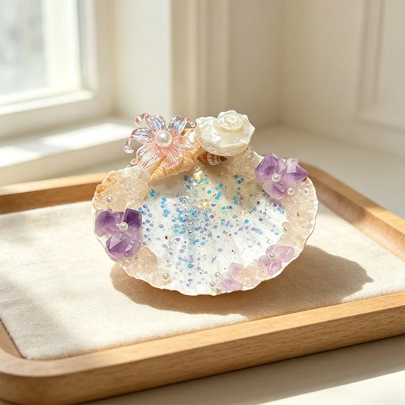 Handmade crystal chip shell trinket tray, purple chip accents