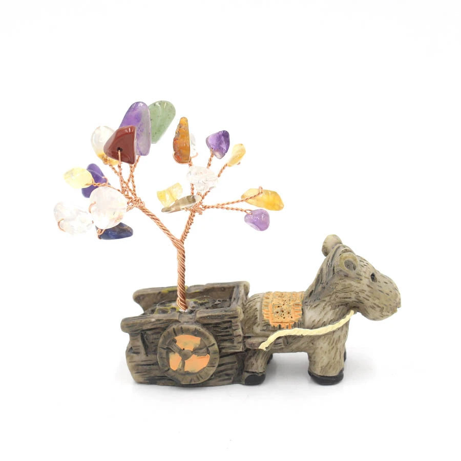 Crystal chip tree on donkey cart base, mixed color stone chips