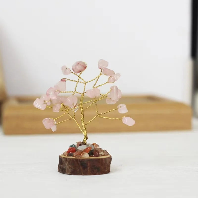 Mini crystal chip tree on wood base, pink chips