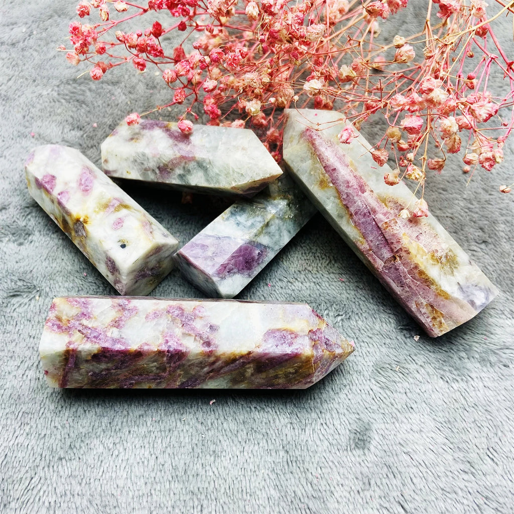 Natural Pink Spot Plum Blossom Tourmaline Point Crystal Tower for Ornament