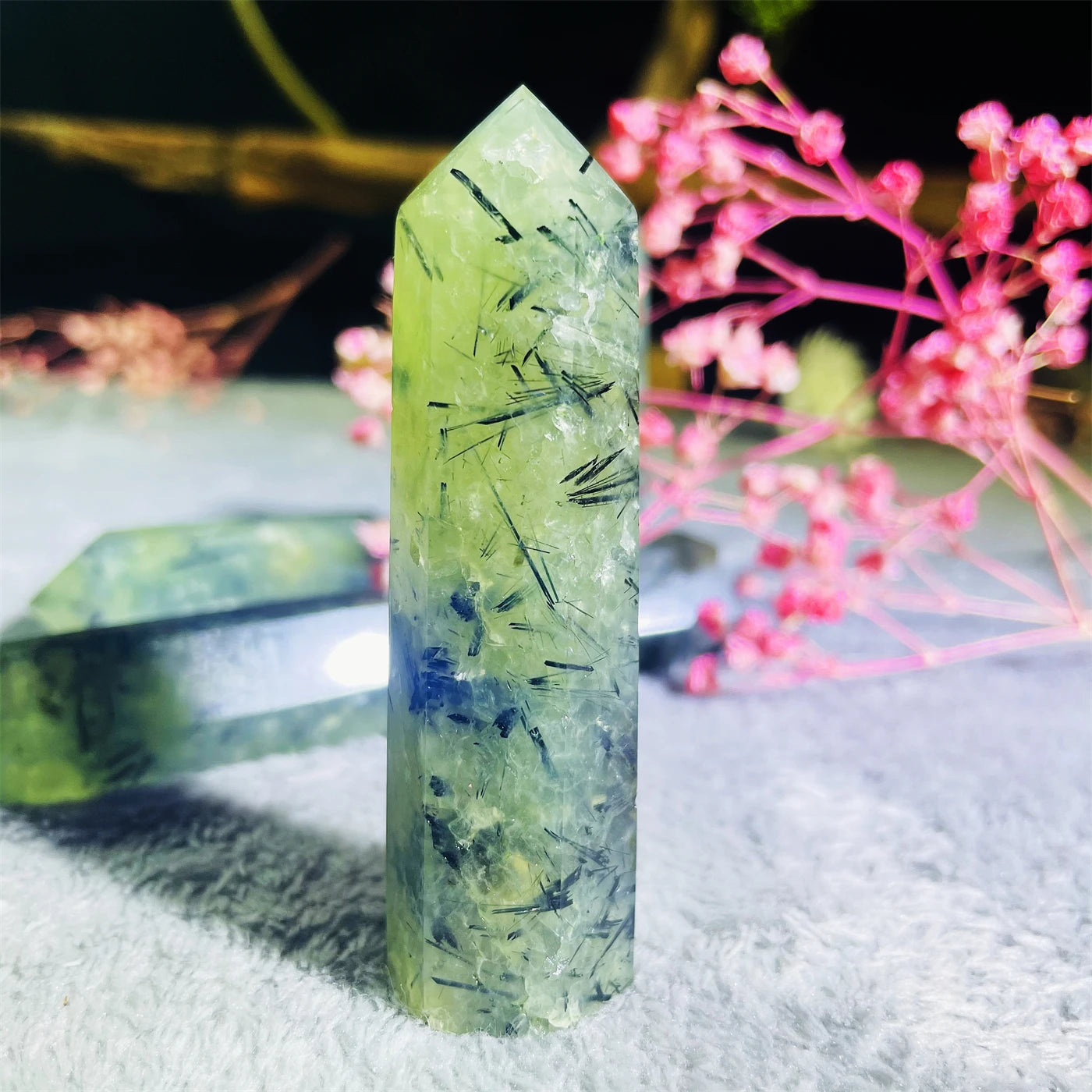 Natural Crystal Point Tourmaline Stone Prehnite+Black Tourmaline Tower for Home Decoration