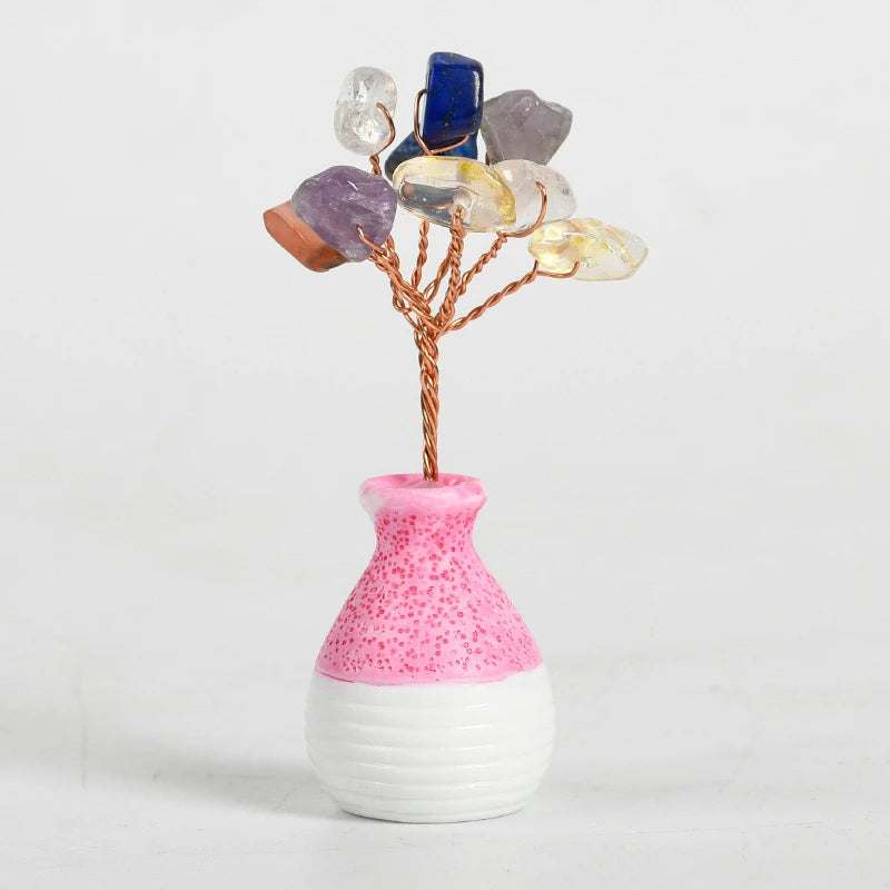 Mini crystal tree in pink ceramic vase, Rainbow Mix