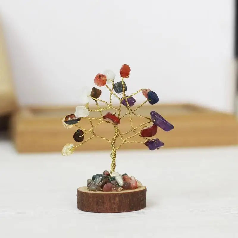 Mini crystal chip tree on wood base, mixed-color chips