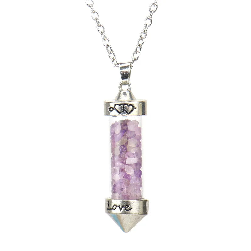 Crystal chips wishing bottle pendant necklace, purple chips