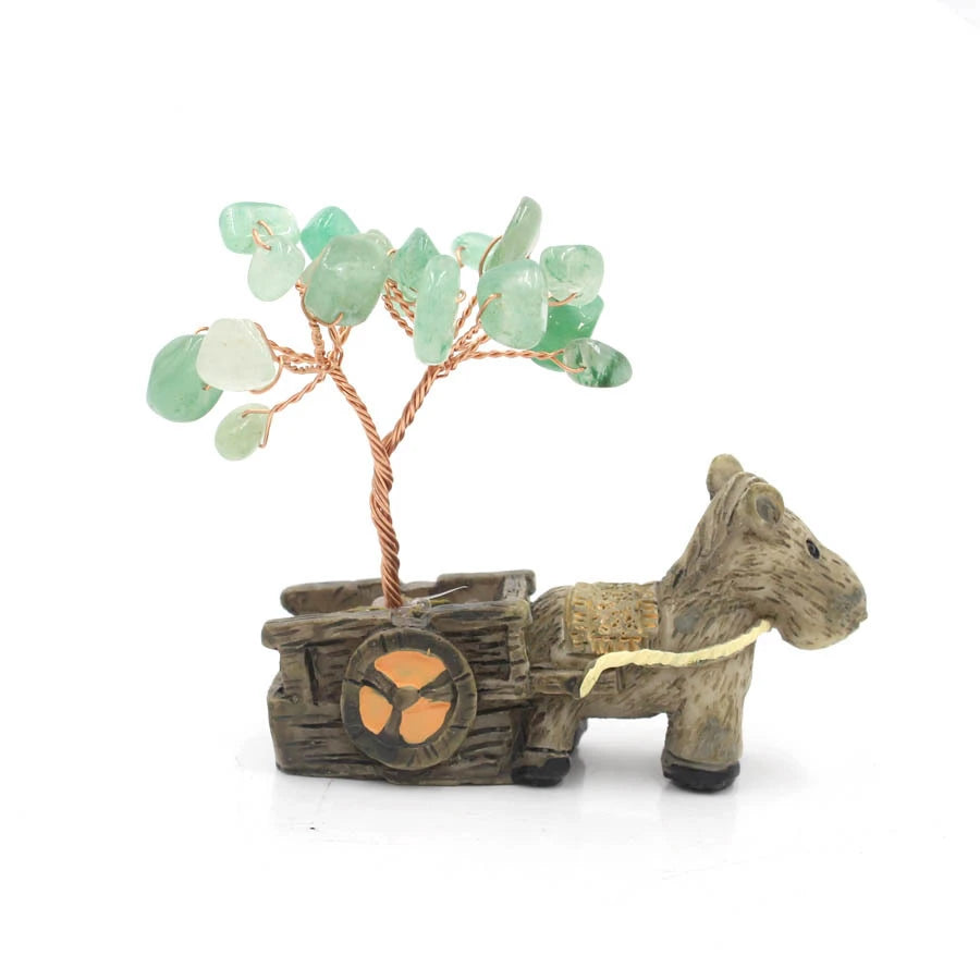 Crystal chip tree on donkey cart base, green stone chips