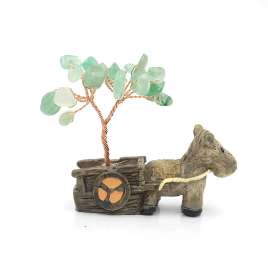 Crystal chip tree on donkey cart base, green stone chips