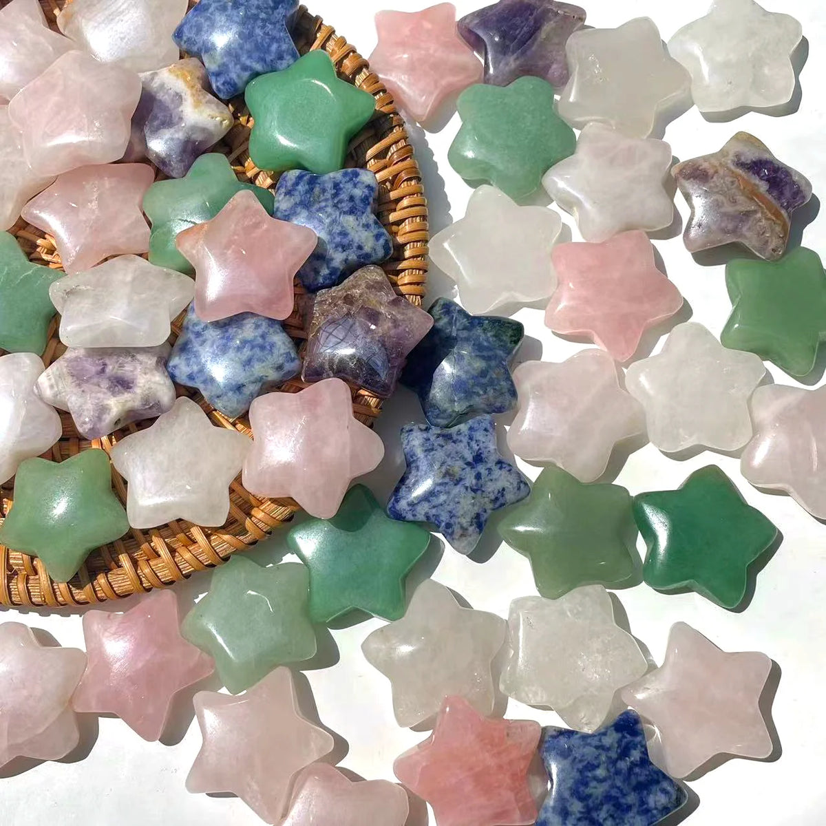 Mixed crystal star pocket stones flat lay