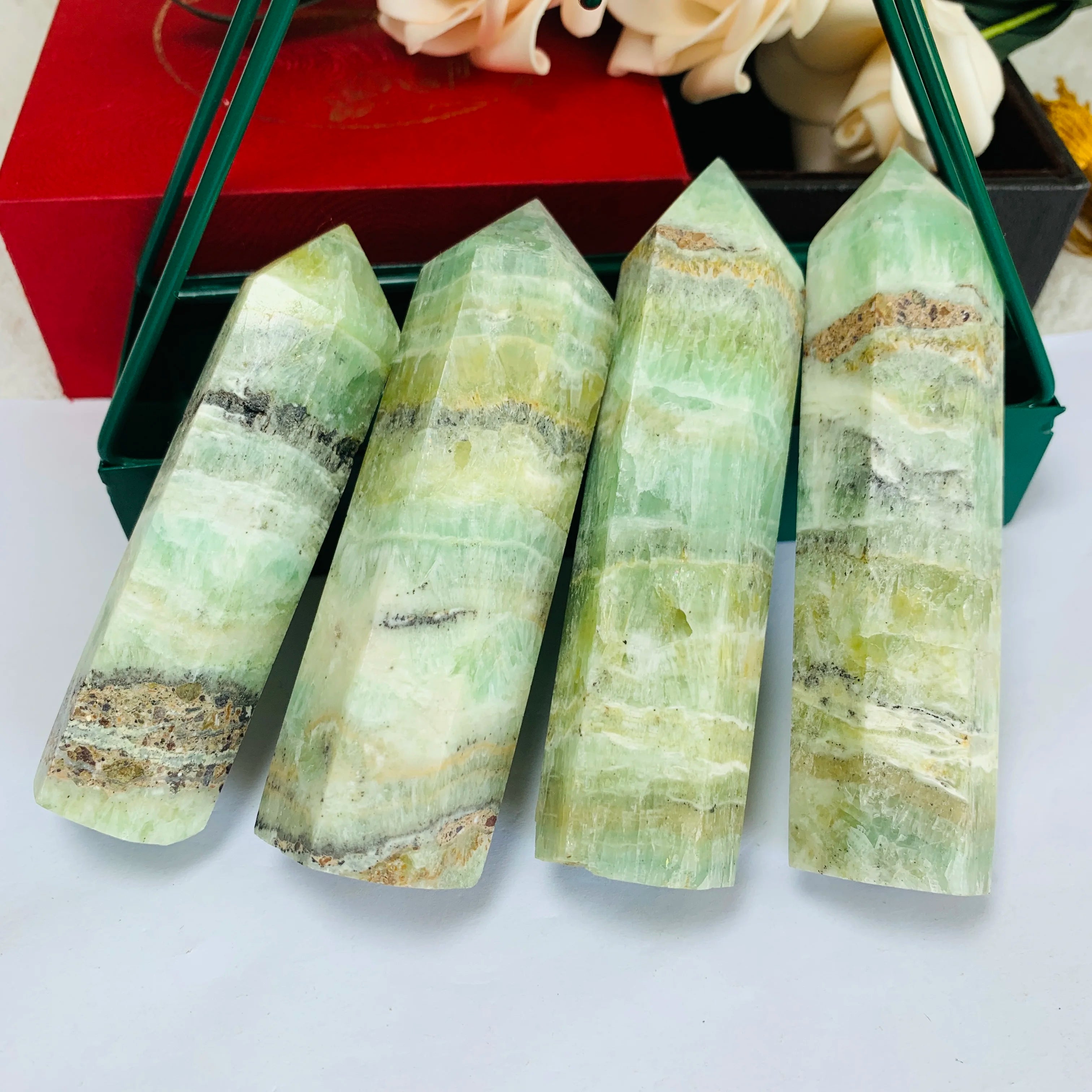 Natural Stone Green Banded Calcite Obelisk Caribbean Calcite Crystal Tower for Gift Decor