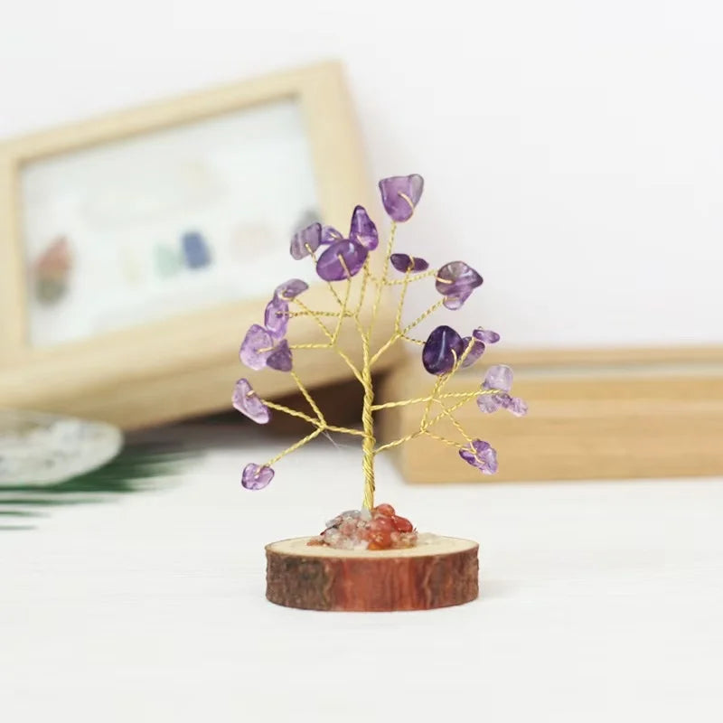 Mini crystal chip tree on wood base, purple chips