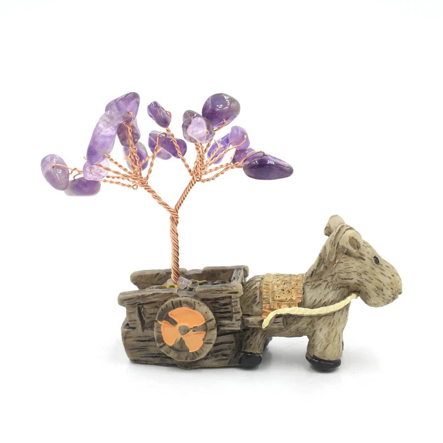 Crystal chip tree on donkey cart base, purple stone chips