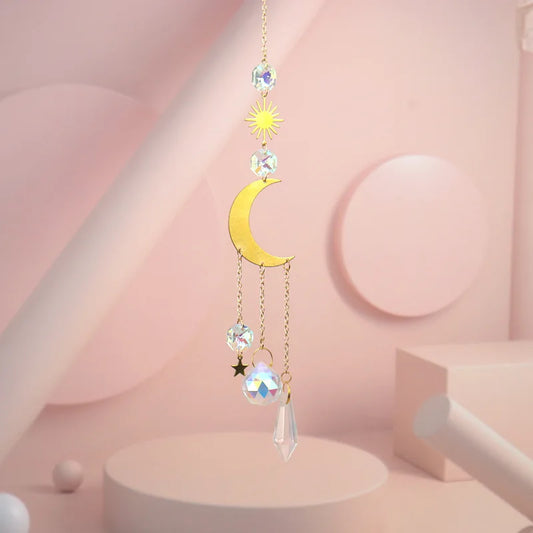 Crystal prism sun catcher hanging ornament with moon charm
