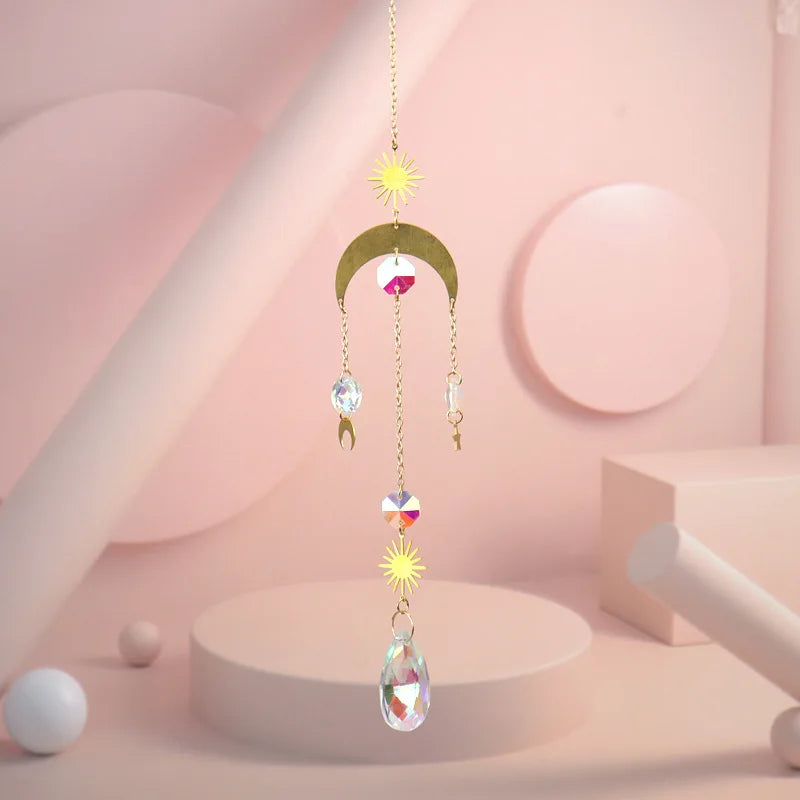 Crystal prism sun catcher hanging ornament with sun and moon charms