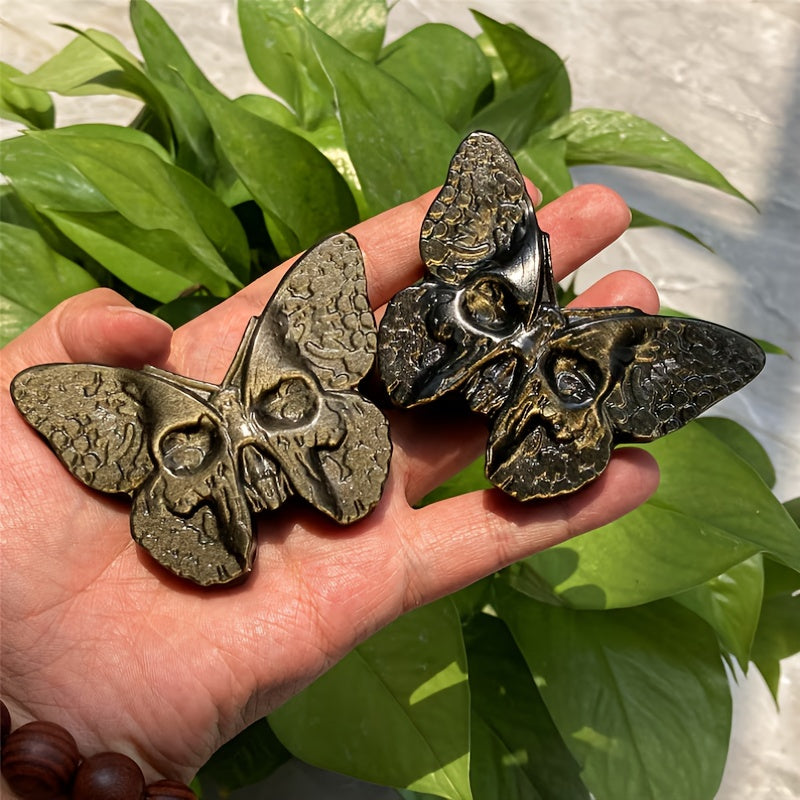 Obsidian-Schmetterlings- und Dämonenkopfschnitzerei, flach – Silber- und Goldoptionen