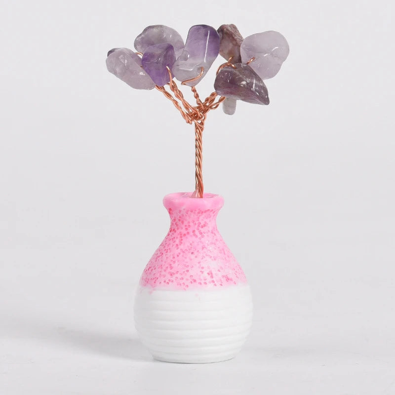 Mini crystal tree in pink ceramic vase, Amethyst
