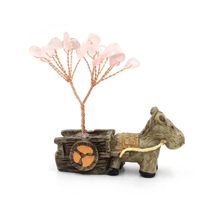 Crystal chip tree on donkey cart base, pink stone chips