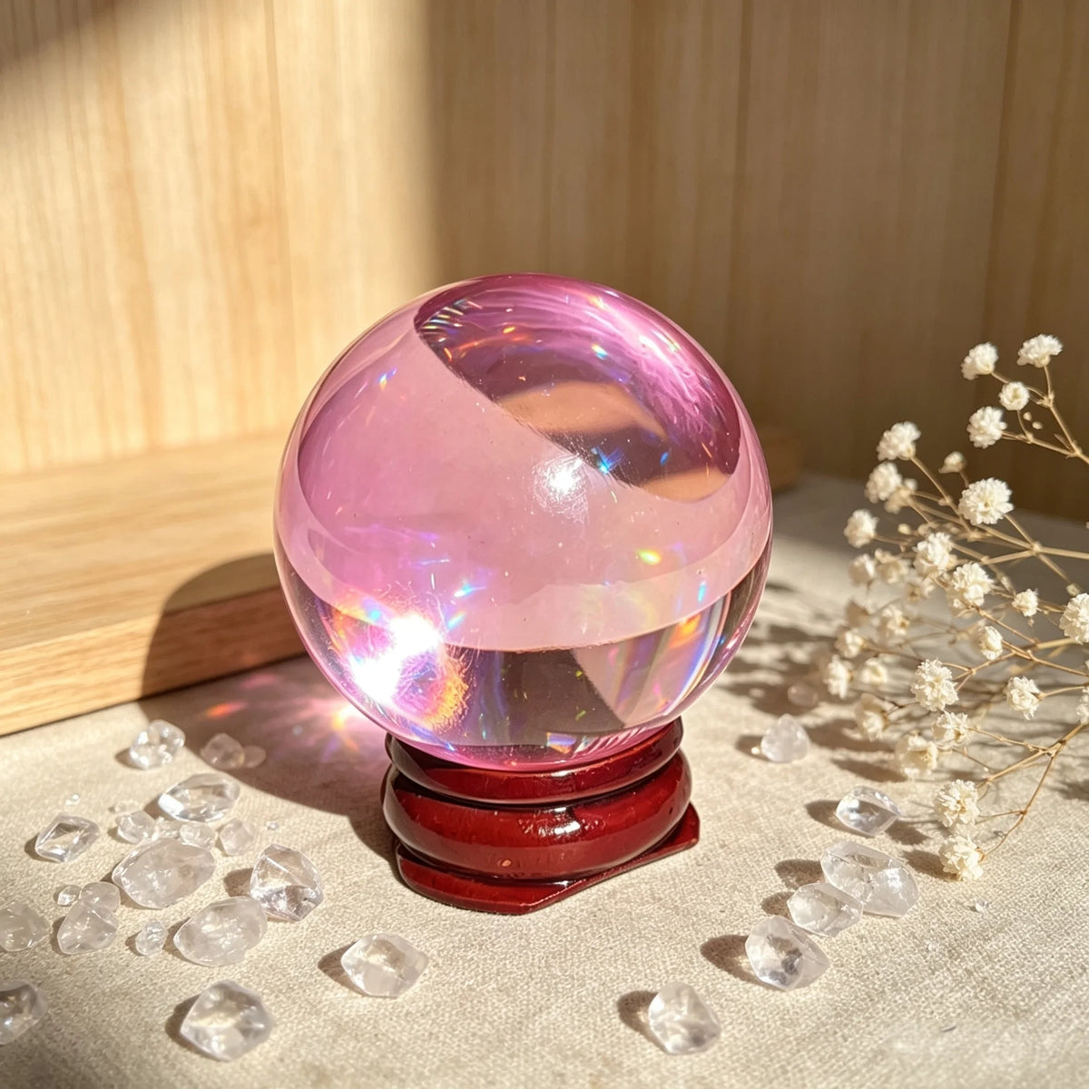 Polished glass ball, pink, on a wooden stand