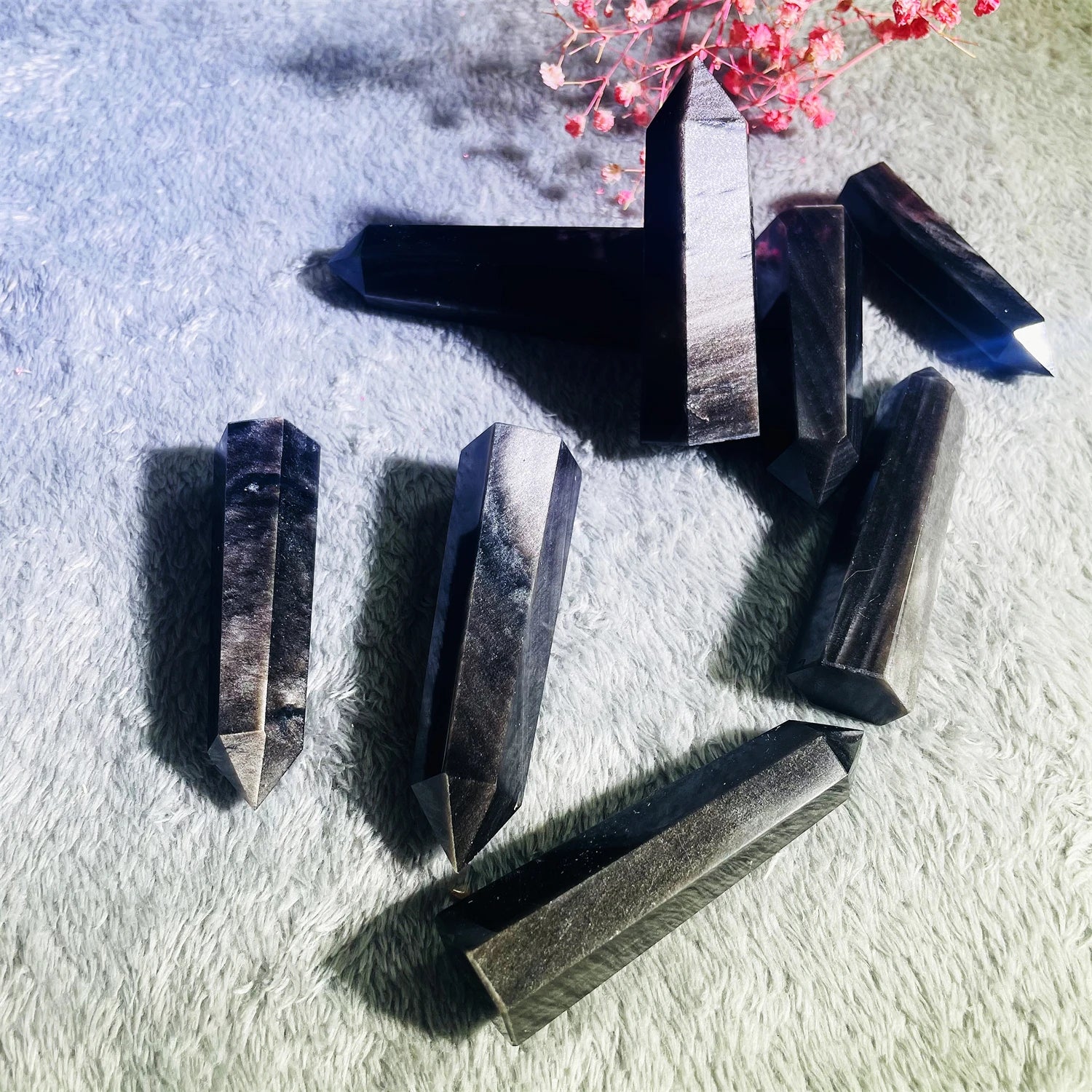 Natural Flashy Silver Sheen Obsidian Crystal Tower for Decor