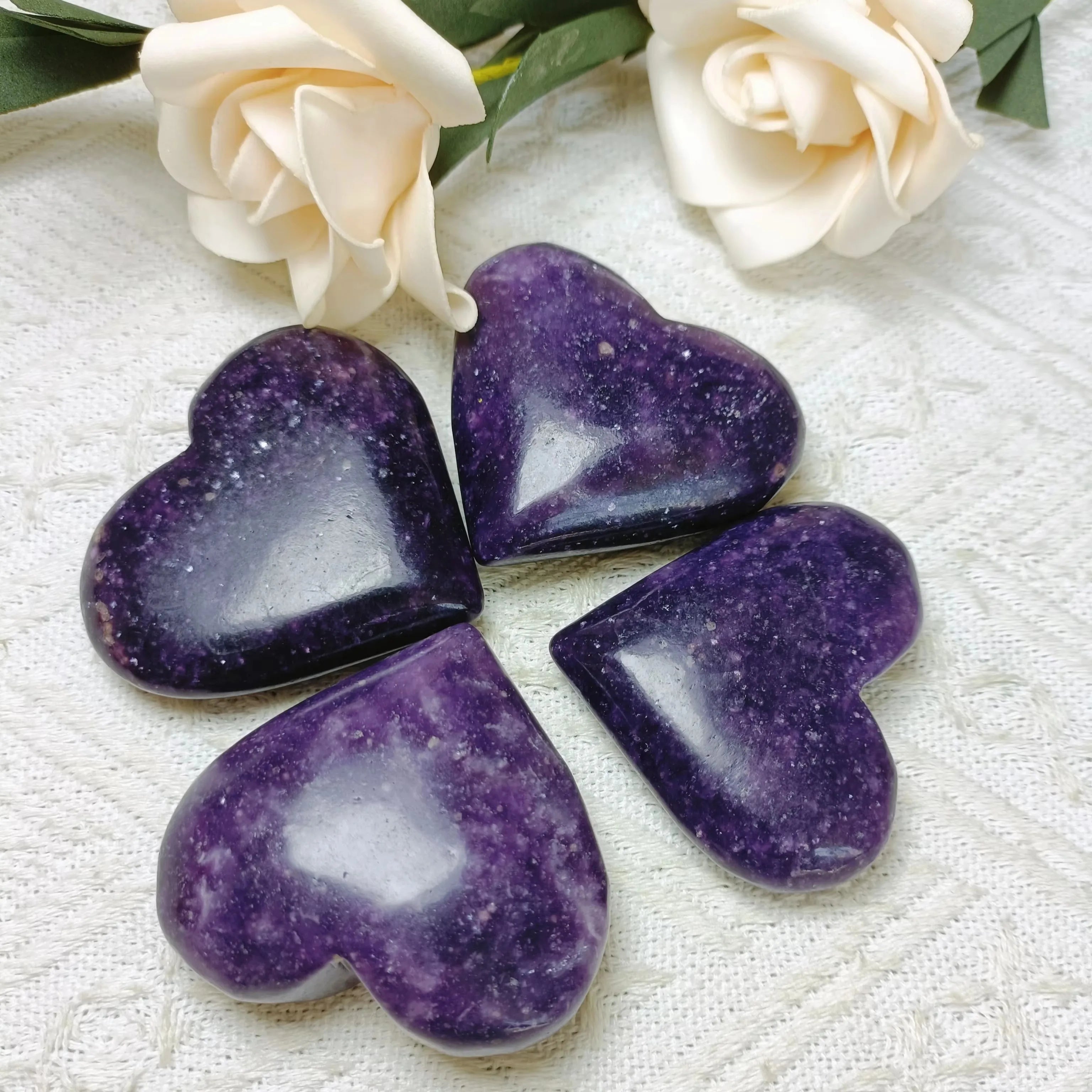 Natural Lepidolite Heart Polished Purple Mica Crystal Heart Palm Stone for Decor Gift