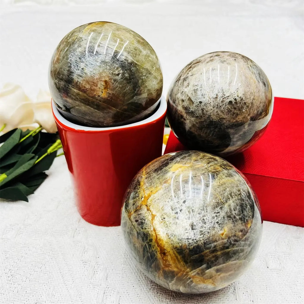Natural Flashy Black Moonstone Ball Crystal Sphere for Home Decor Gift