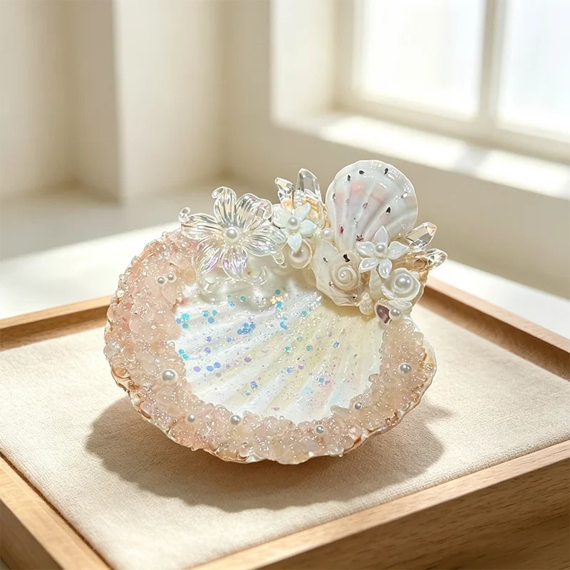 Handmade crystal chip shell trinket tray, pink chip rim
