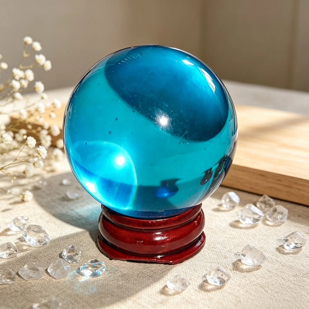 Polished glass ball, blue, on a wooden stand