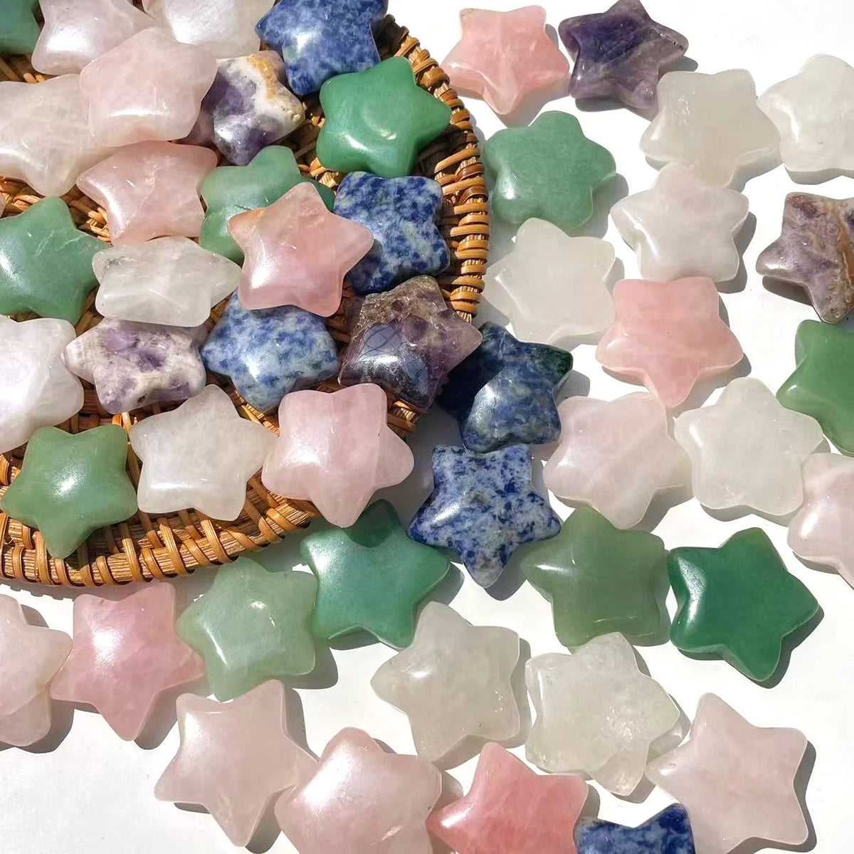 Mixed crystal star pocket stones with woven basket