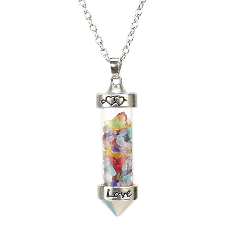 Crystal chips wishing bottle pendant necklace, mixed color chips