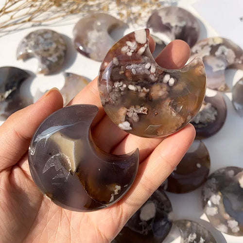 Black Flower Agate Moon Carving