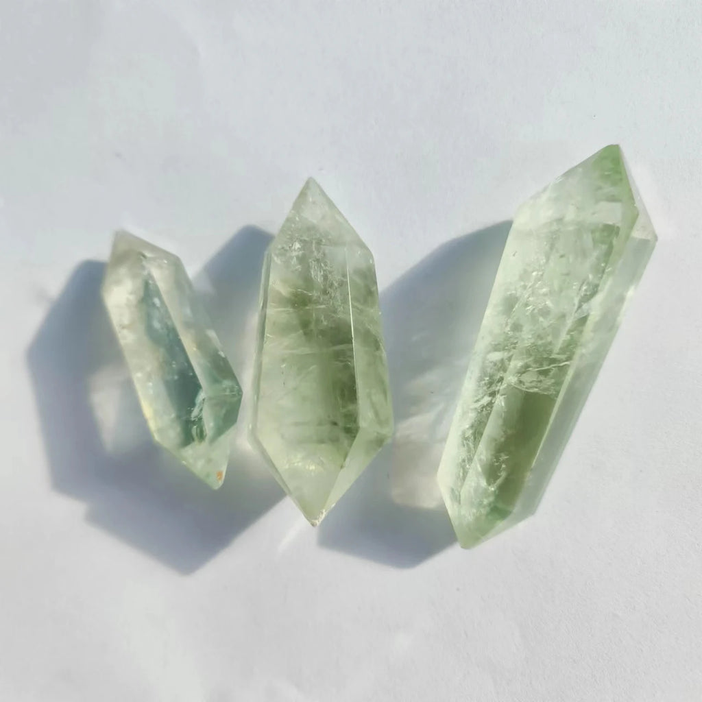 Natural Transparent Green Quartz Double Terminated Prasiolite DT Crystal Tower for Decor