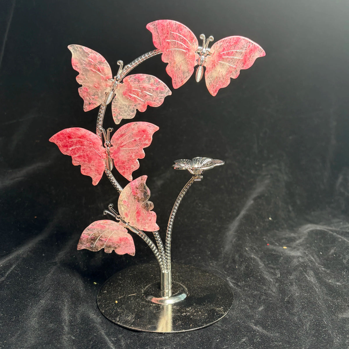 Crystal butterfly ornament on metal stand, pink stone wings