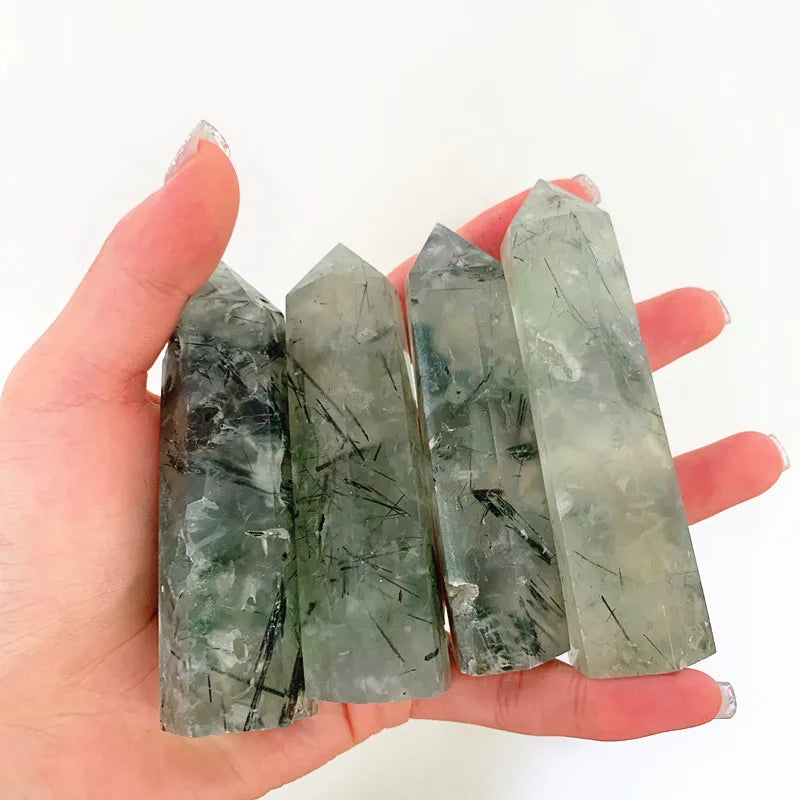 Natural Prehnite Black Rutiled Quartz Point Crystal Tower for Decoration