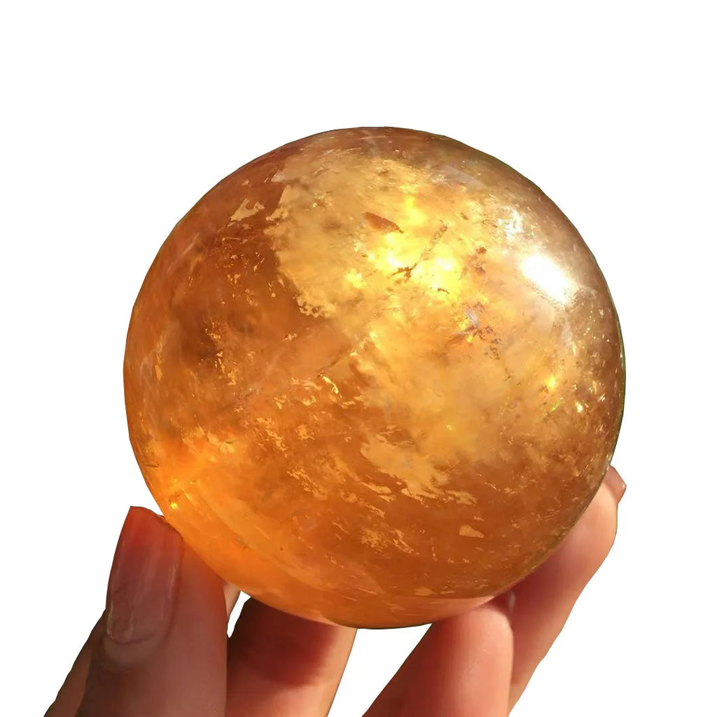 Natural Honey Calcite Sphere Decorated With rainbow Crystal Orange Icelandic Calcite Balls