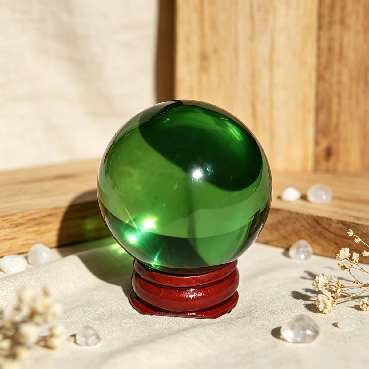 Polished glass ball, green, on a wooden stand