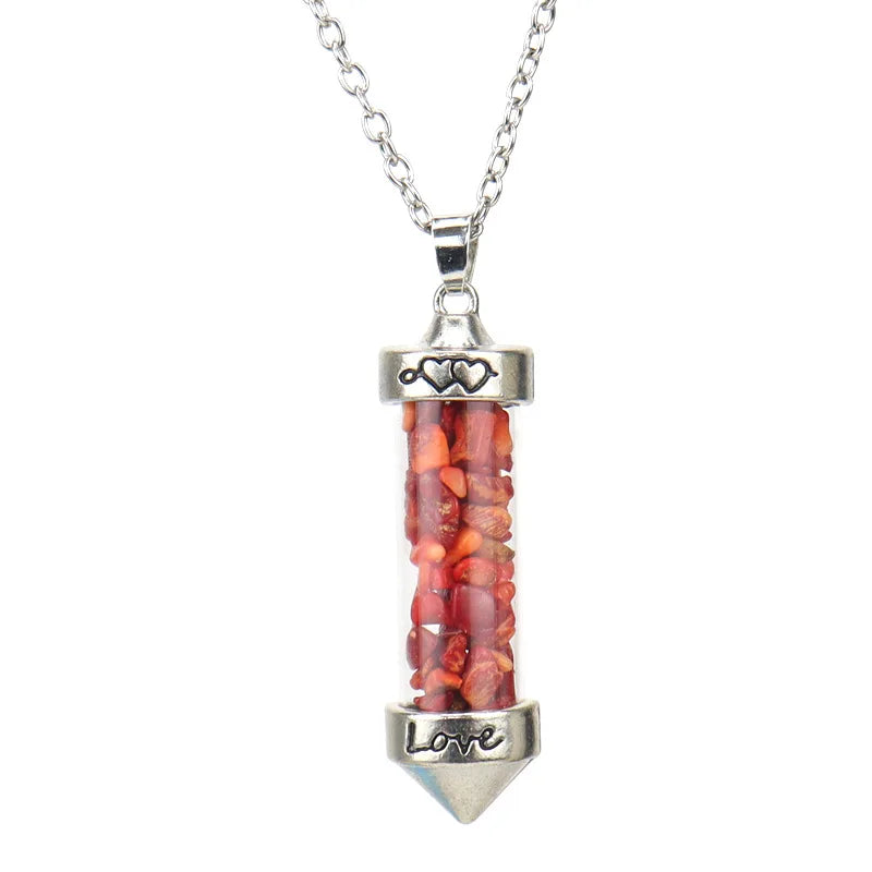 Crystal chips wishing bottle pendant necklace, red chips