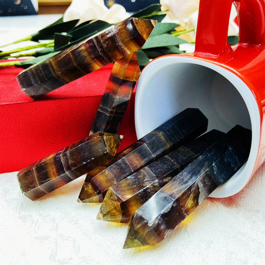 Natural Layered Yellow Fluorite Tower Polished Banded Crystal Point for Stone Decor