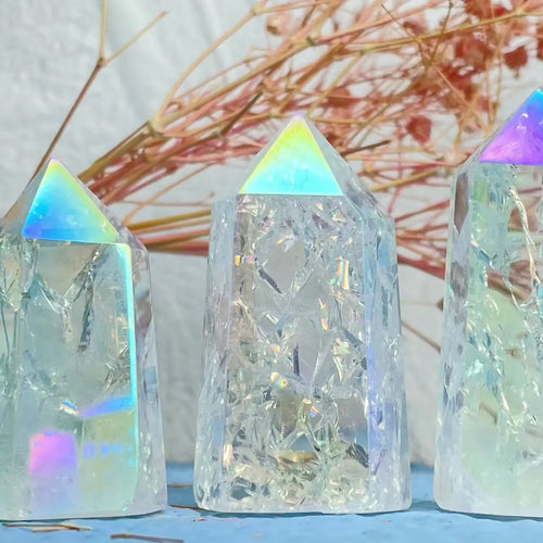 Crackle Clear Quartz Tower Electroplated Rainbow Crystal Point for Gifts