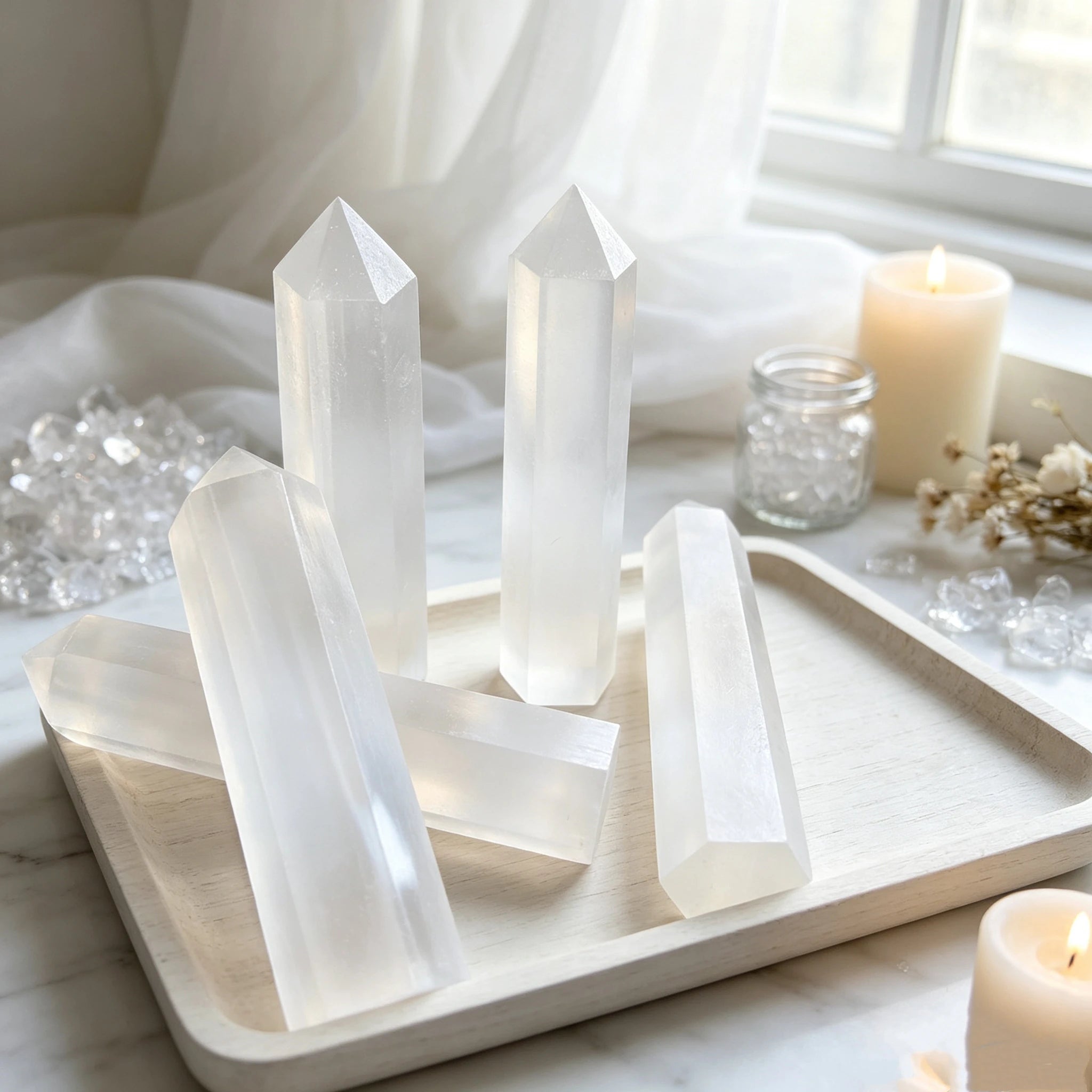 Natural Matte White Transparent Selenite Point Crystal Stone Tower