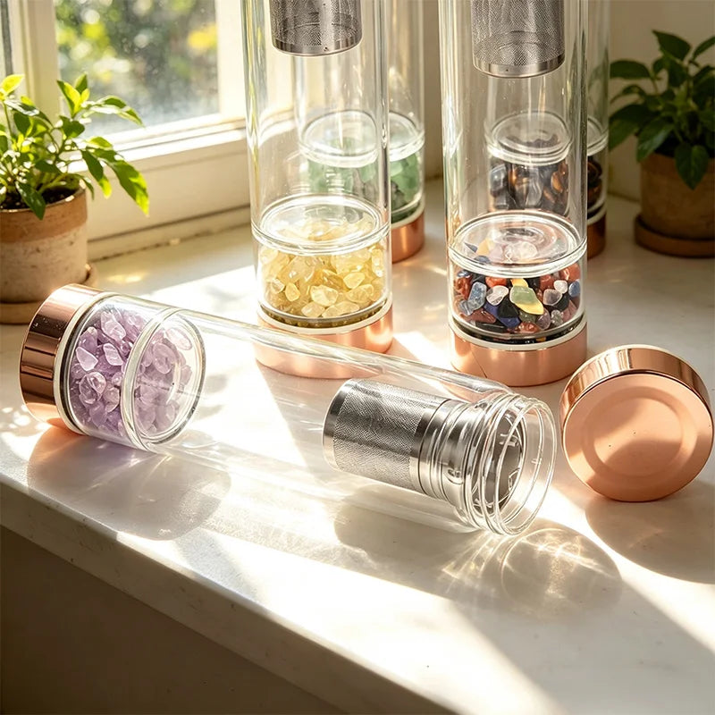 Rose Gold Infuser Crystal Gemstone Water Bottle with Seamless Design Irregular Shape for