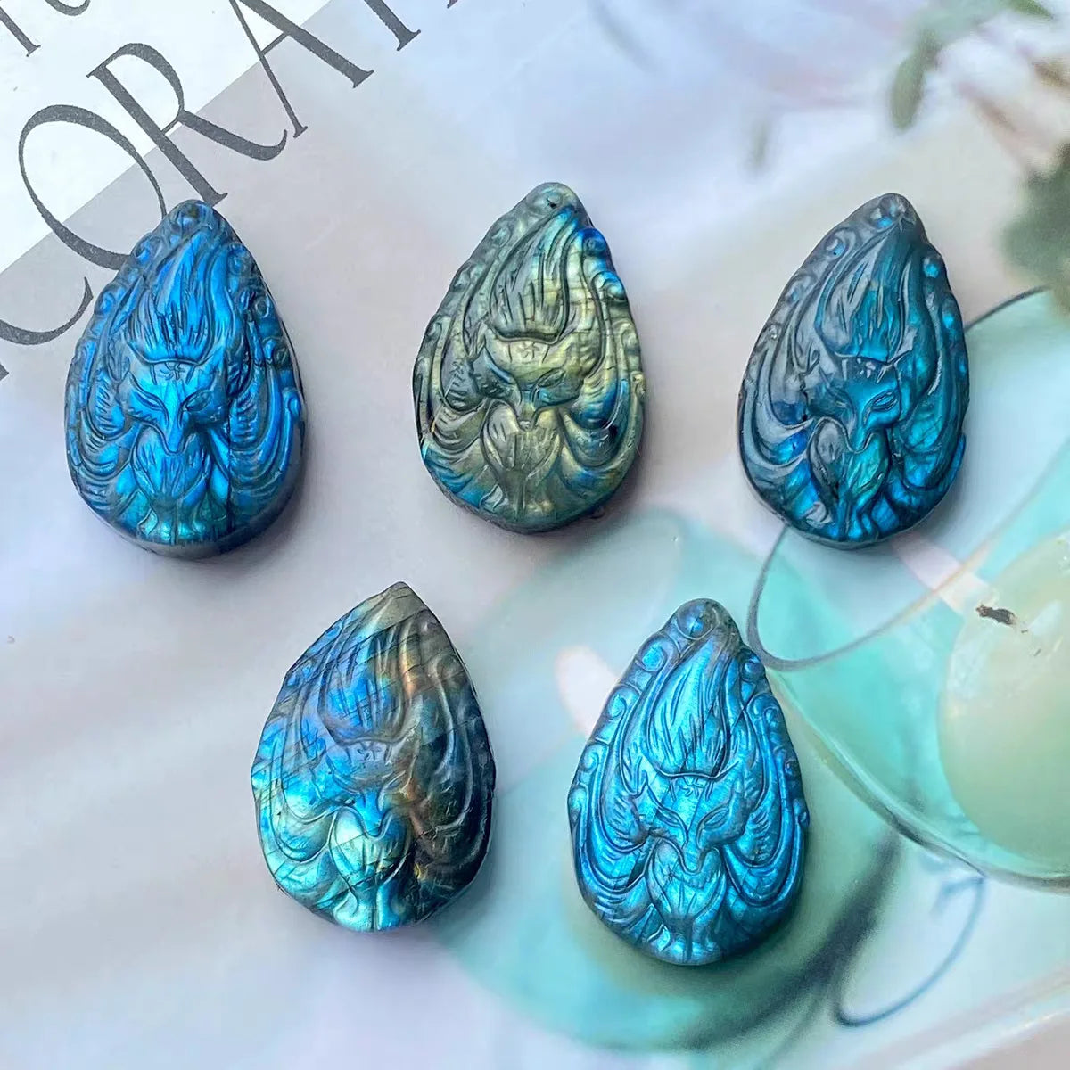 Labradorite Fox Natural Crystal Animals Crafts Small Labradorite Nine Tails Fox Statue for