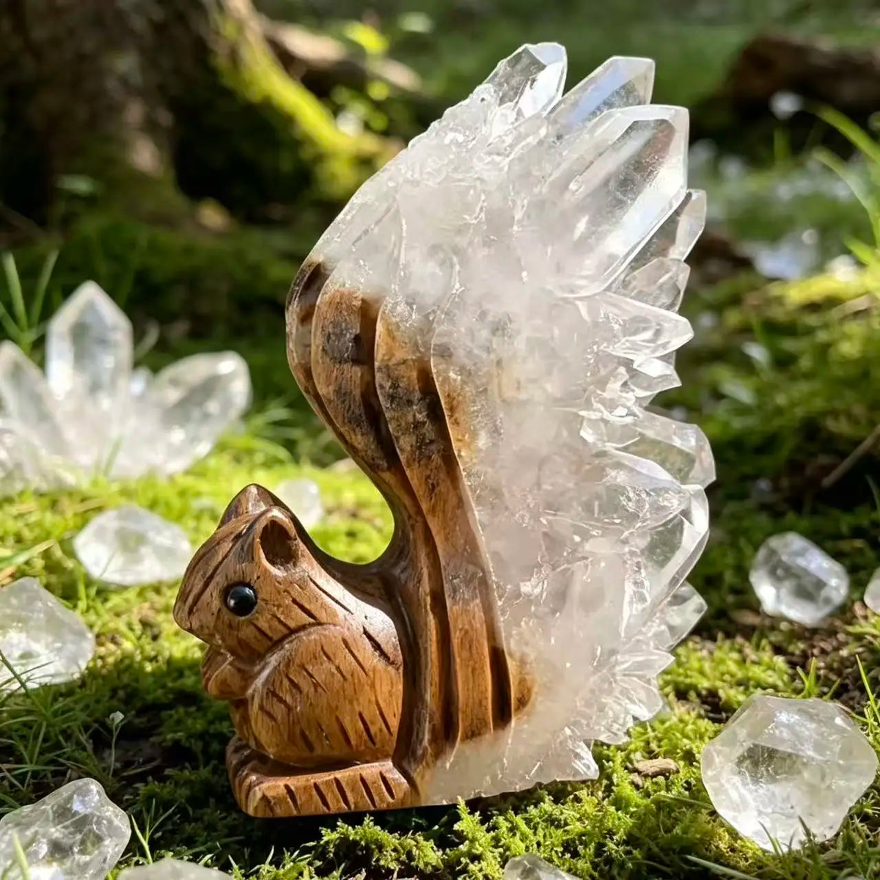 Natural Clear Quartz Cluster Squirrel Figurine Hand Carved Crystal Statue Home Decor Art