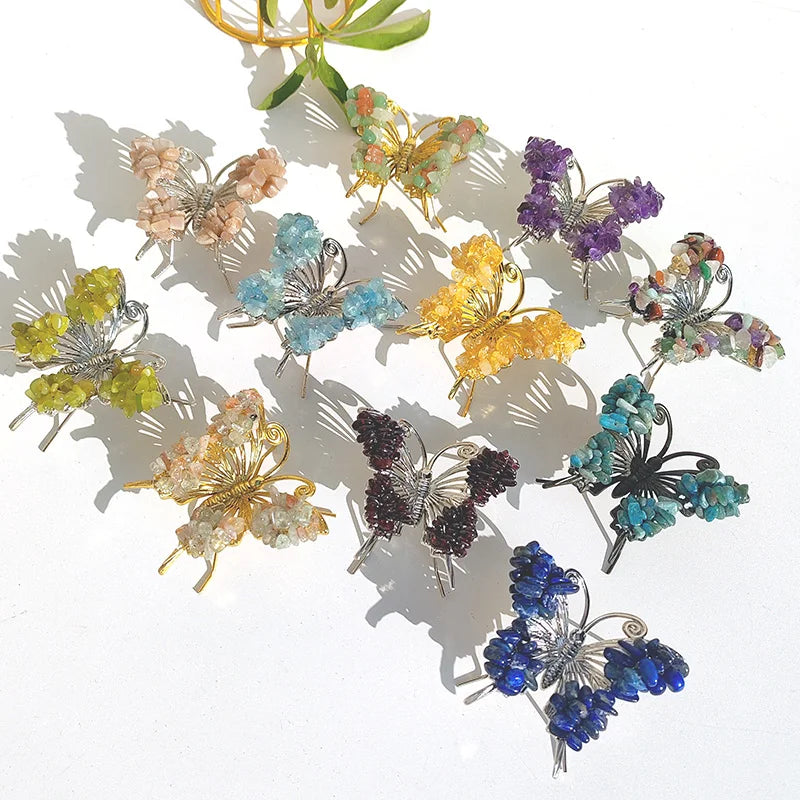 Natural Crystal Chip Butterfly Figurine Handmade Wire Wrapped Gemstone Ornament Decor - Standard